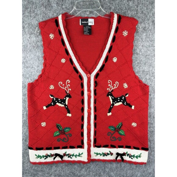 Beldoch Popper Women's Christmas Cardigan Button Front Knit Stitched Reindeer L - Picture 1 of 7
